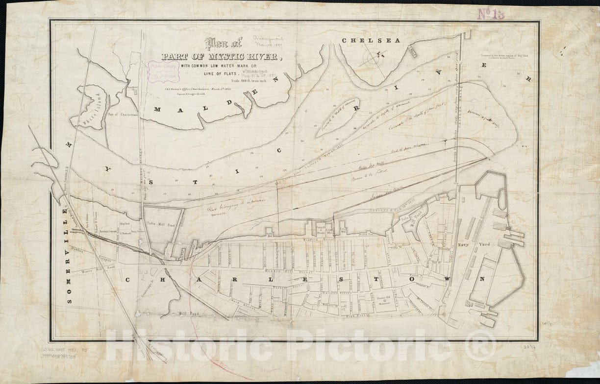 Historical Map, 1851 Plan of Part of Mystic River, with Common Low Water Mark of line of Flats, Vintage Wall Art