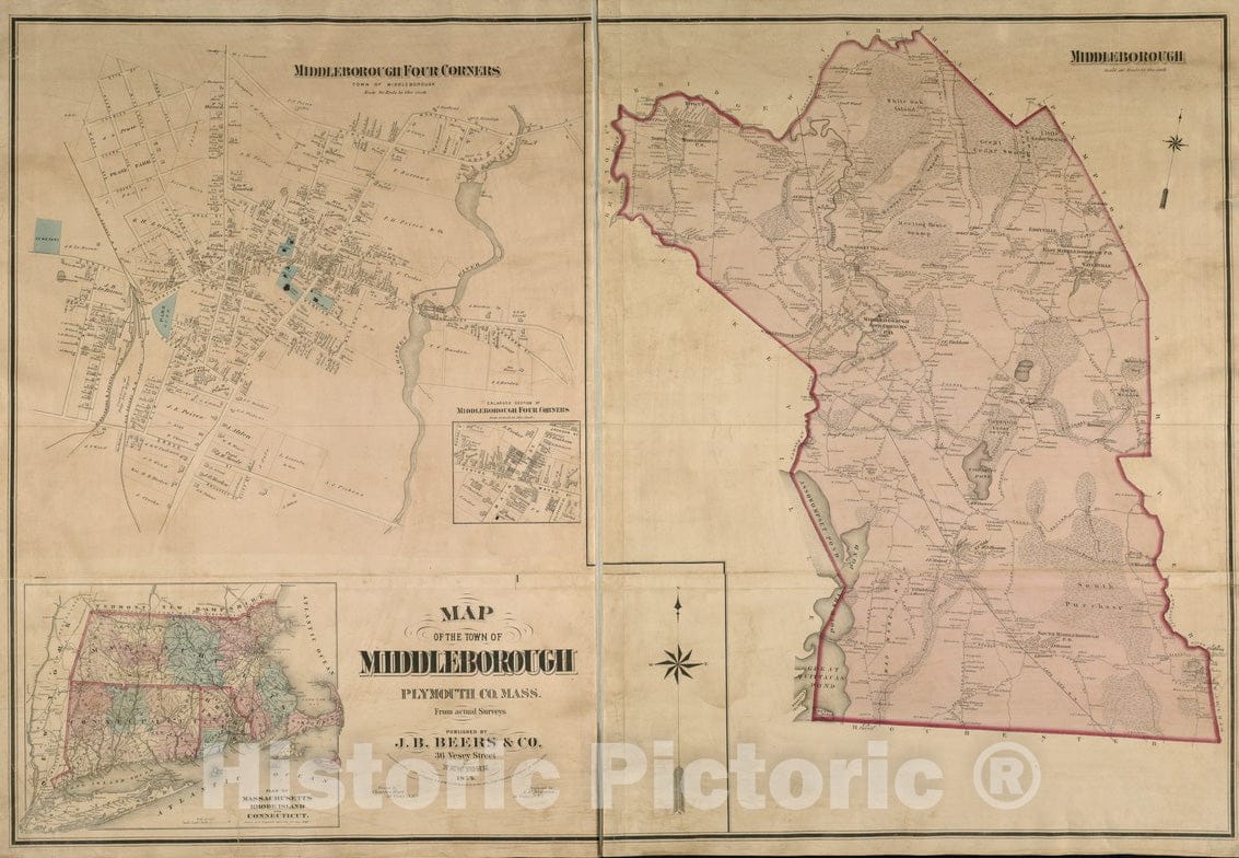 Historical Map, 1874 Map of The Town of Middleborough : Plymouth Co. Mass. : from Actual surveys, Vintage Wall Art