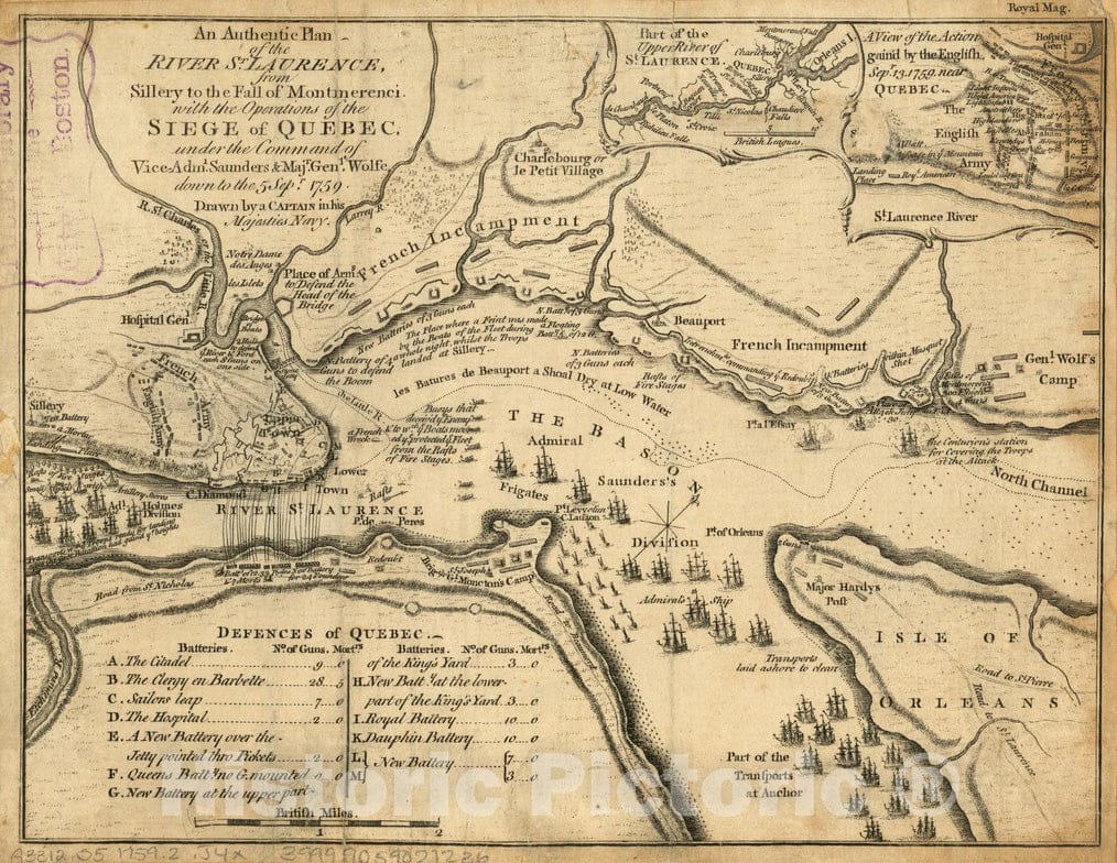 Historical Map, 1759 an Authentic Plan of The River St. Laurence, from Sillery to The Fall of Montmerenci : with The Operations of The Siege of Quebec, Vintage Wall Art