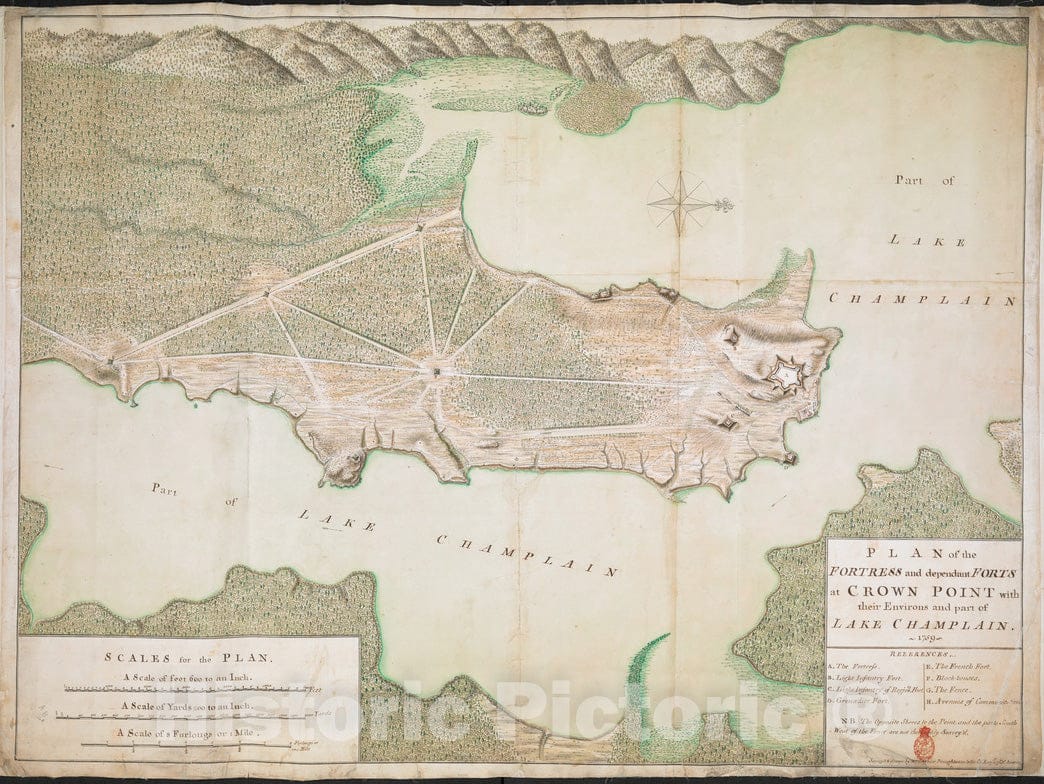 Historical Map, Plan of The Fortress and Dependant FORTS at Crown Point with Their Environs and Part of Lake Champlain. 1759, Vintage Wall Art