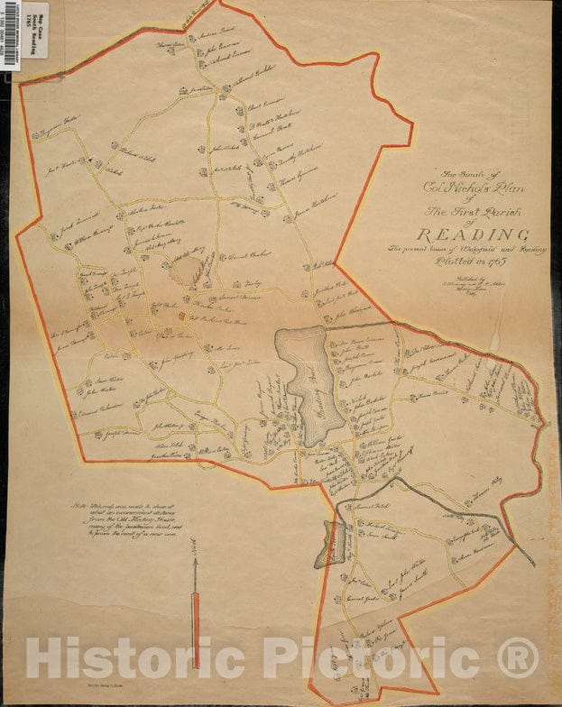 Historical Map, Facsimile of Col. Nichols' Plan of The First Parish of Reading, The Present Towns of Wakefield and Reading, plotted in 1765, Vintage Wall Art