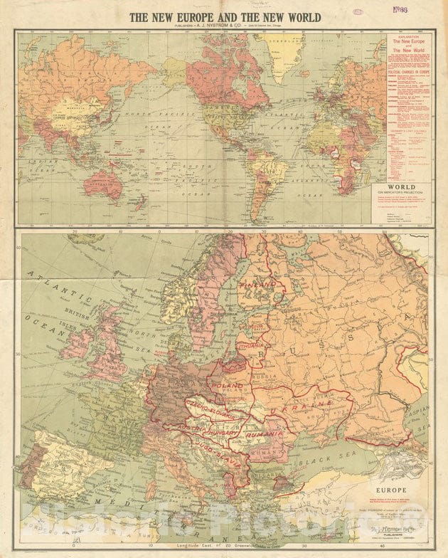 Historical Map, 1919 The New Europe and The New World, Vintage Wall Art