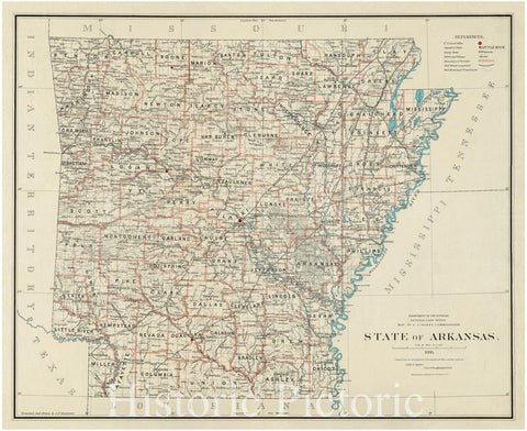 Historical Map, 1886 State of Arkansas, Vintage Wall Art