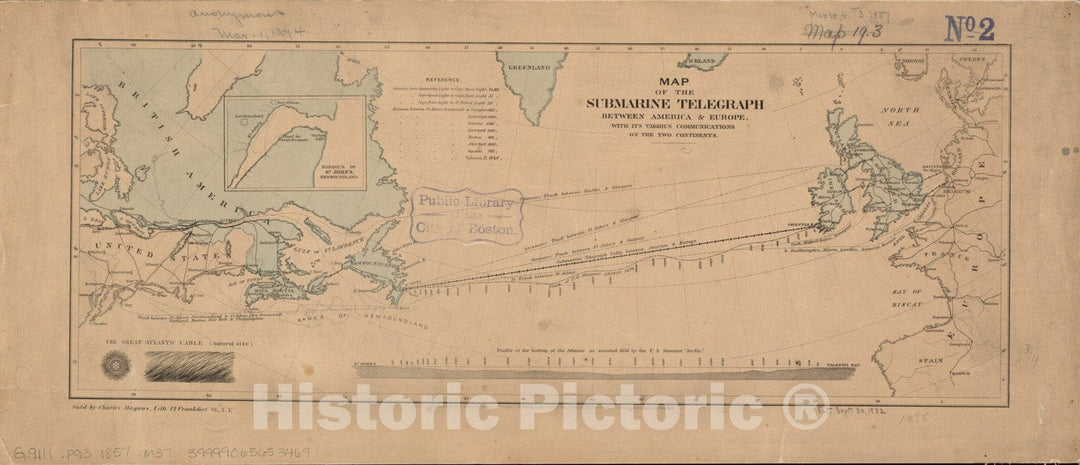 Historical Map, 1857 Map of The Submarine Telegraph Between America & Europe, with its Various Communications on The Two Continents, Vintage Wall Art