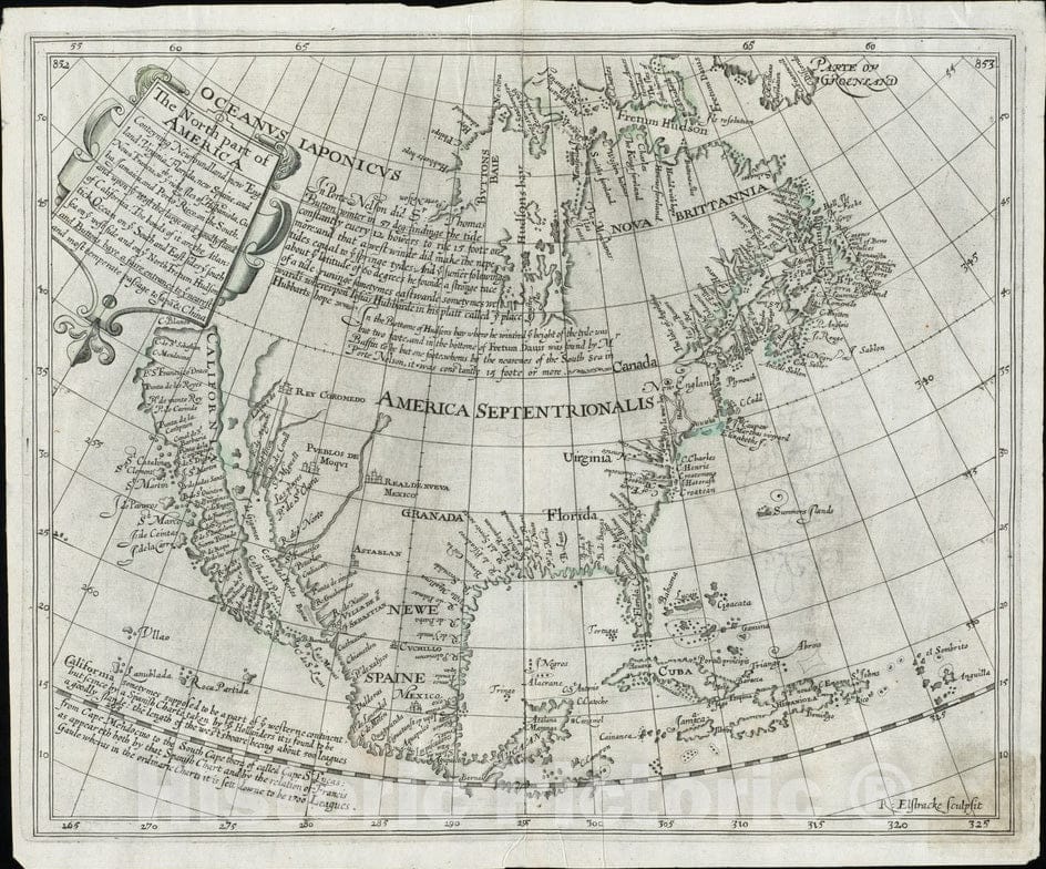 Historical Map, 1625 The North pof America : conteyning Newfoundland, New England, Virginia, Florida, New Spaine, and Noua Francia wth ye Rich Iles of Hispaniola, Vintage Wall Art