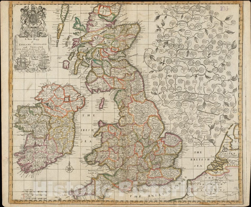 Historical Map, 1687 A new mapp of England Scotland and Ireland, Vintage Wall Art