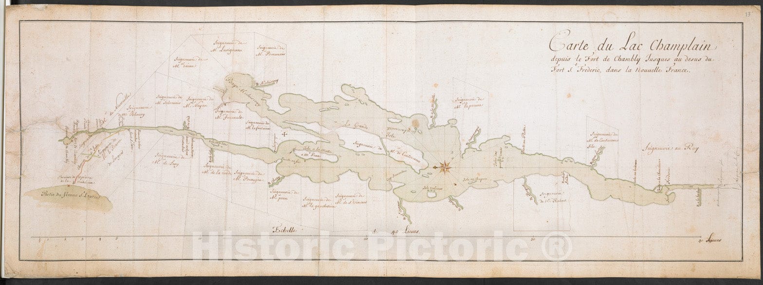 Historical Map, 1739-1759 Carte du Lac Champlain Depuis le Fort de Chambly Jusques au desus du Fort S.t Frederic, Dans la Nouvelle France, Vintage Wall Art