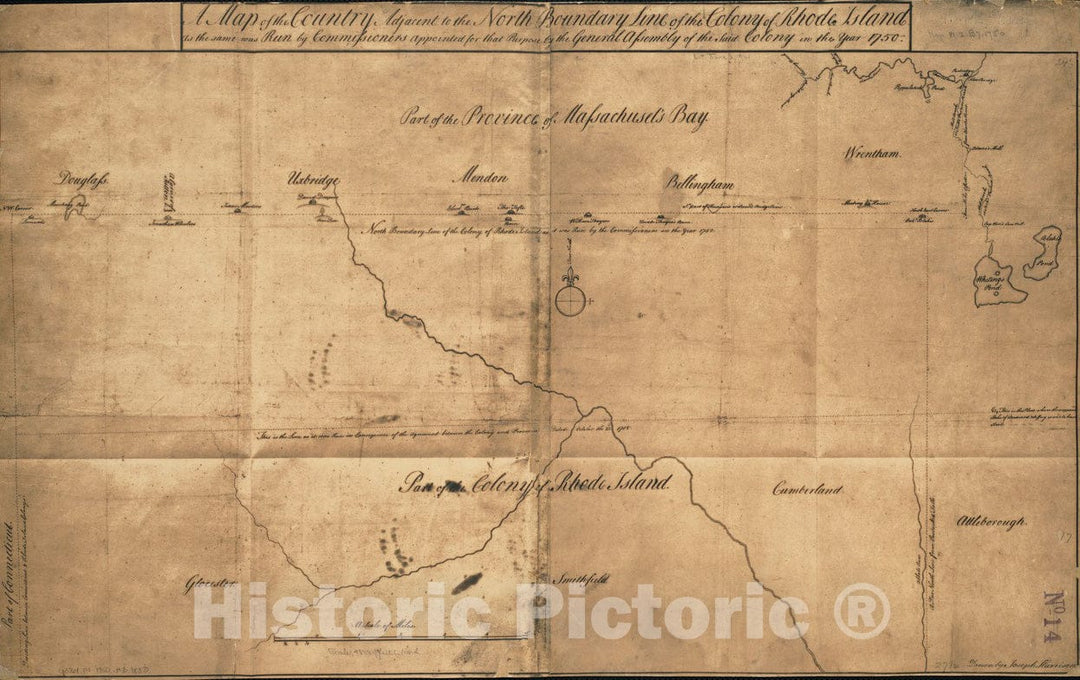 Historical Map, 1880-1889 A map of The Country Adjacent to The North Boundary line of The Colony of Rhode Island as The Same was Run by commissioners Appointed, Vintage Wall Art