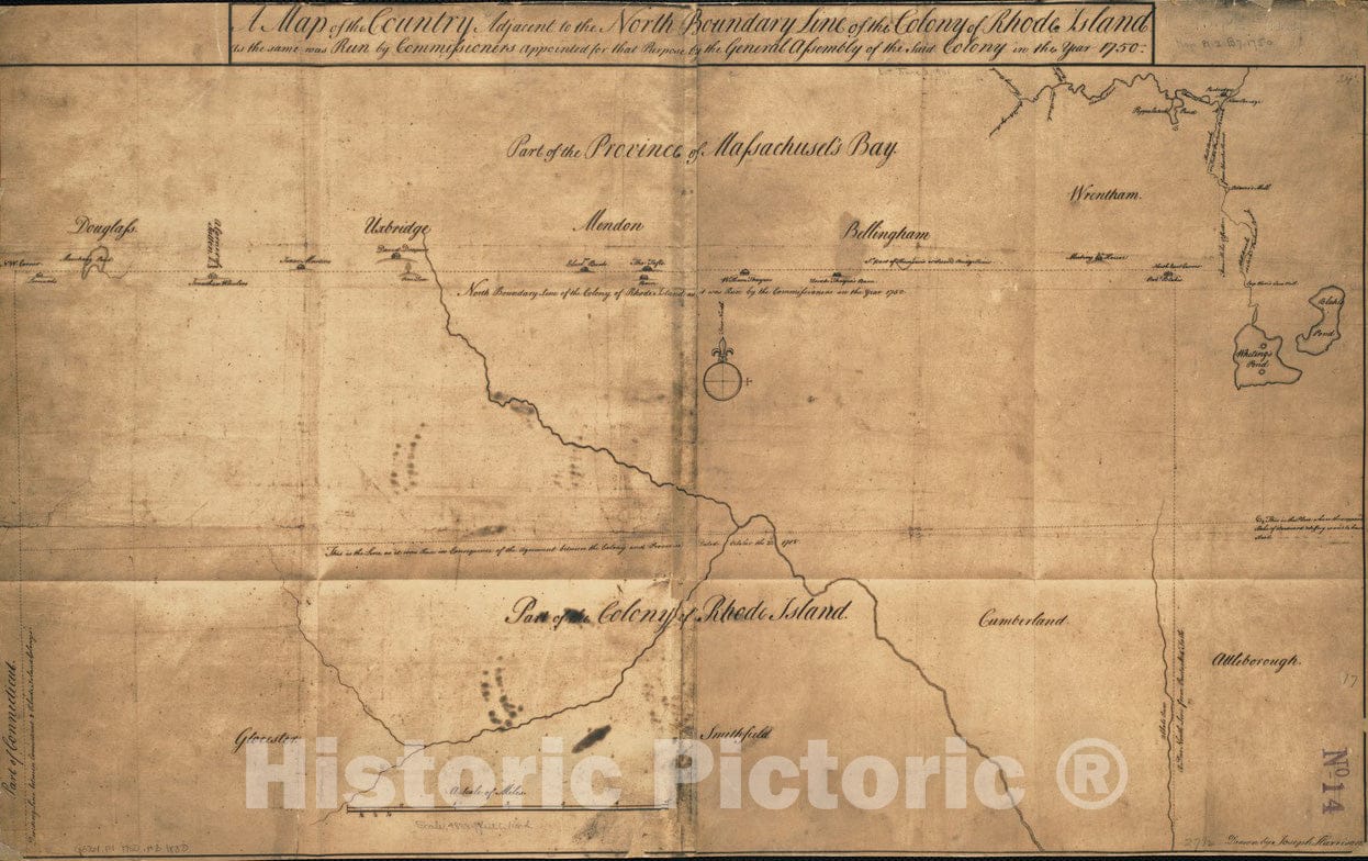 Historical Map, 1880-1889 A map of The Country Adjacent to The North Boundary line of The Colony of Rhode Island as The Same was Run by commissioners Appointed, Vintage Wall Art