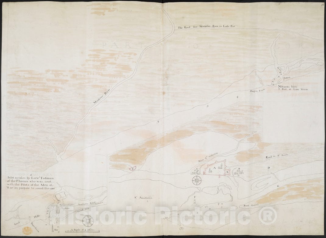 Historical Map, 1743 [Map of The Coast of Florida from Fort William to Musketae River] [South Sheet], Vintage Wall Art