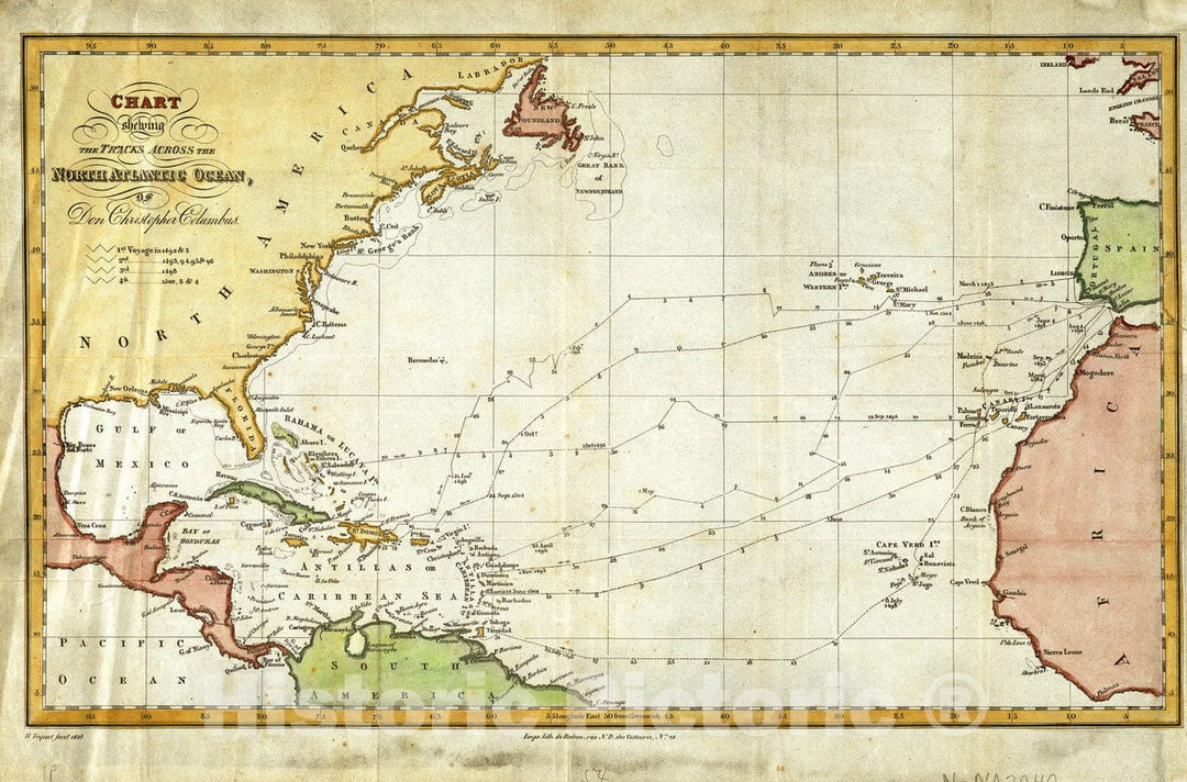 Historical Map, 1828 Chart shewing The Tracks Across The North Atlantic Ocean of Don Christopher Columbus, Vintage Wall Art