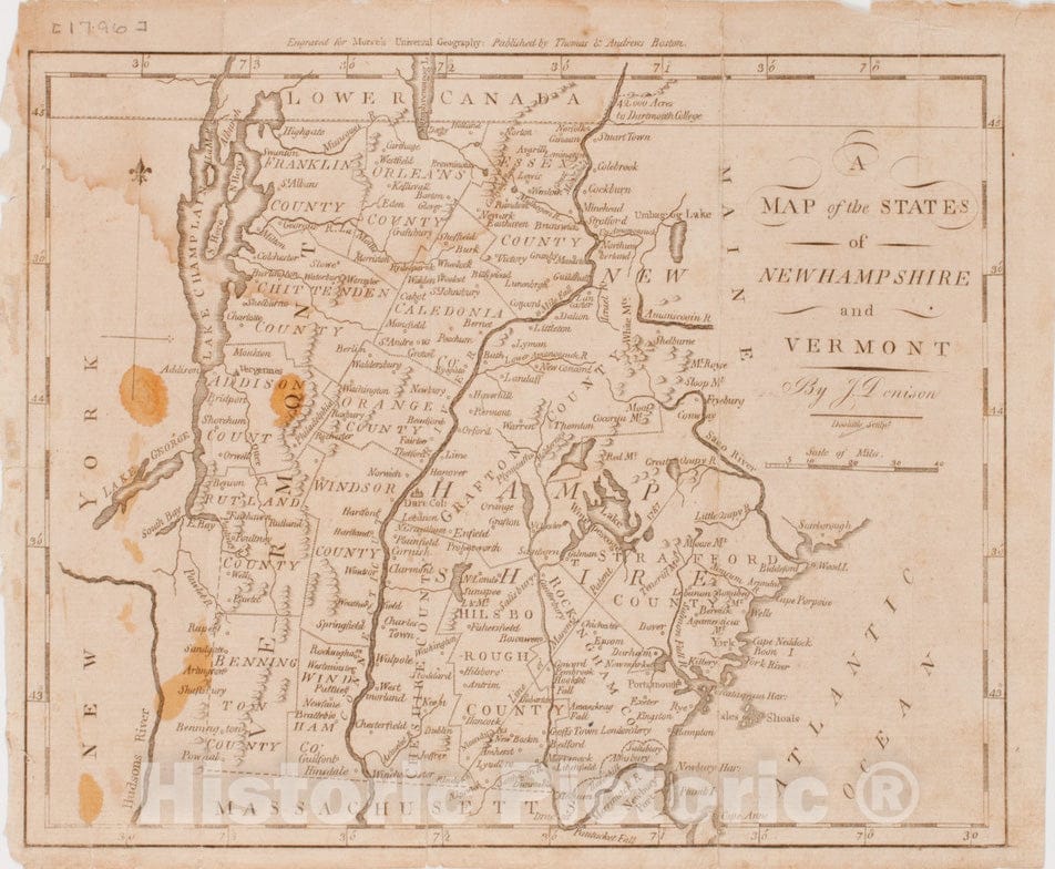 Historical Map, 1796 A map of The States of New Hampshire and Vermont, Vintage Wall Art