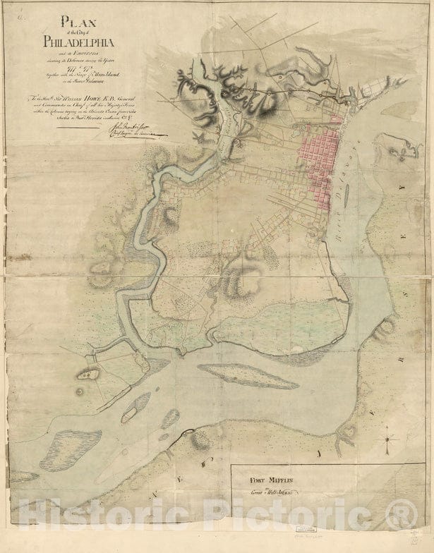 Historical Map, 1778 Plan of the city of Philadelphia and its environs shewing its defences during the years 1777 & 1778 : together with the siege of Mud Island on the River Delaware Vintage Wall Art