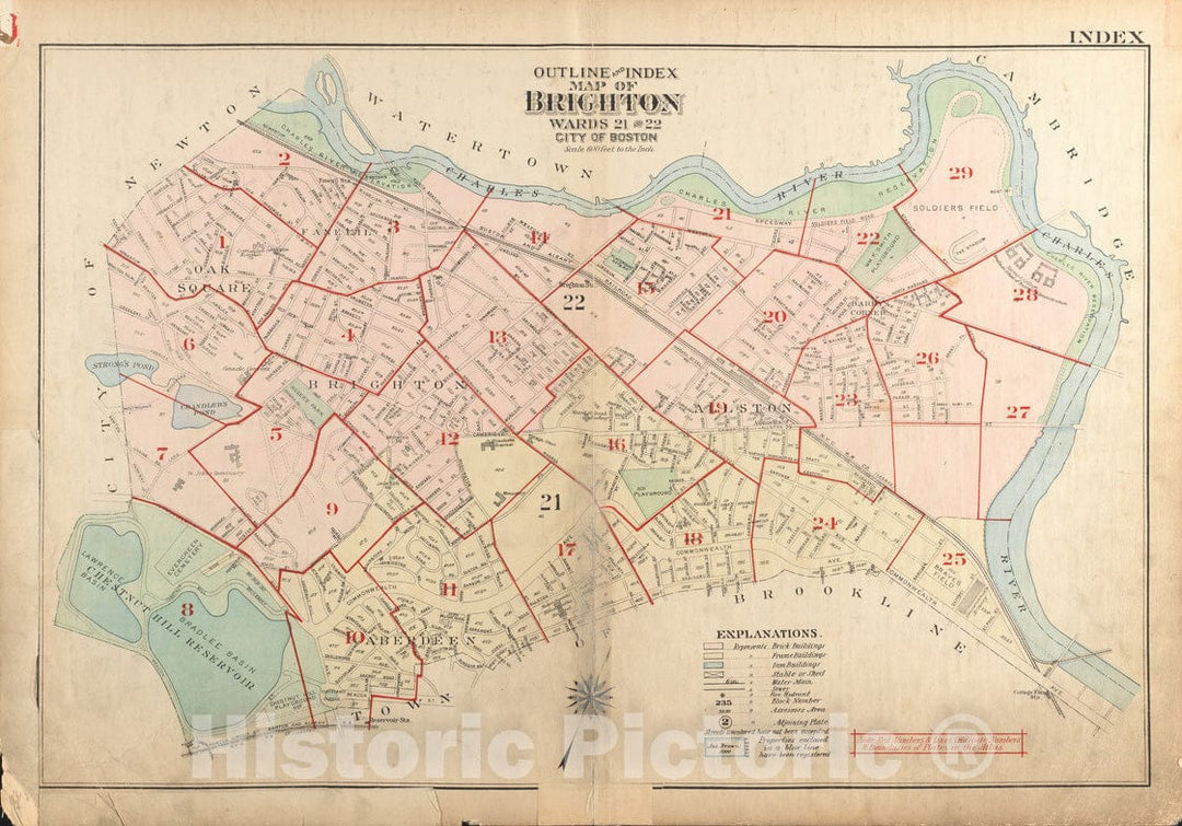 Historical Map, 1925 Outline and Index map of Brighton, wards 21 and 22, City of Boston, Vintage Wall Art