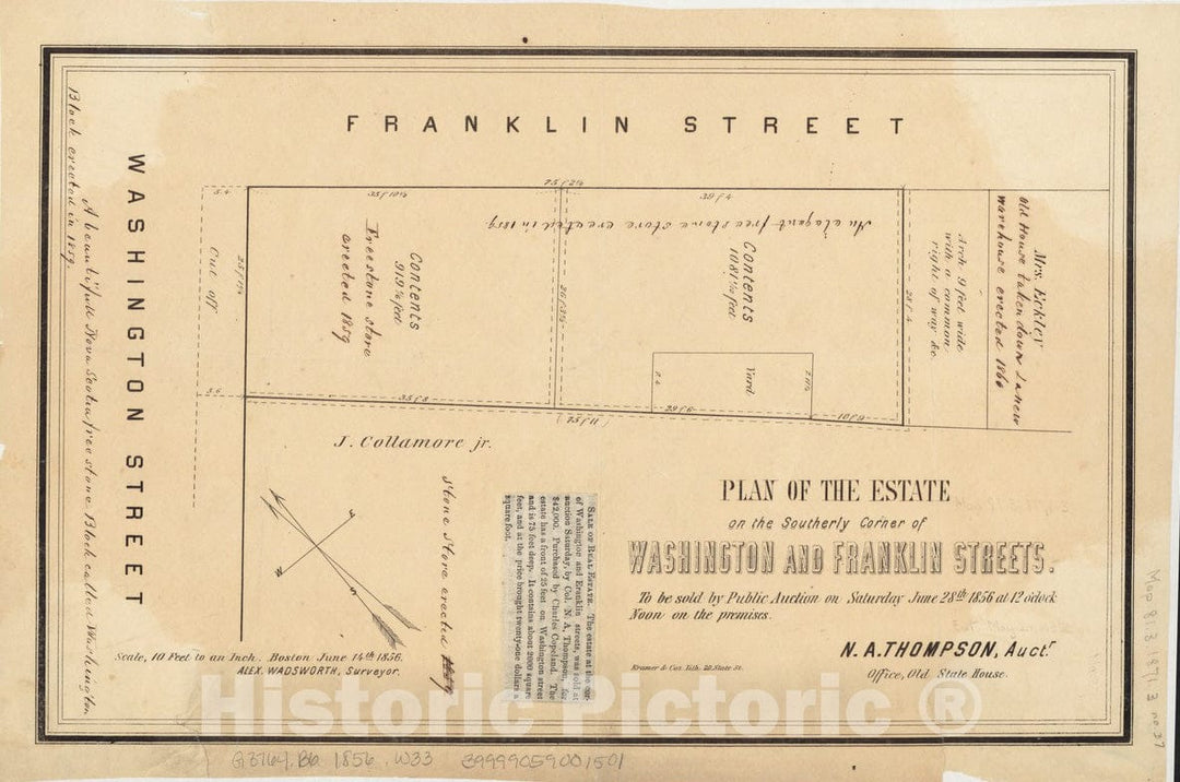 Historical Map, 1856 Plan of The Estate on The southerly Corner of Washington and Franklin Streets : to be Sold by Public Auction on Saturday June 28th 1856 at 1, Vintage Wall Art