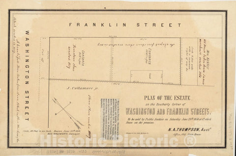 Historical Map, 1856 Plan of The Estate on The southerly Corner of Washington and Franklin Streets : to be Sold by Public Auction on Saturday June 28th 1856 at 1, Vintage Wall Art