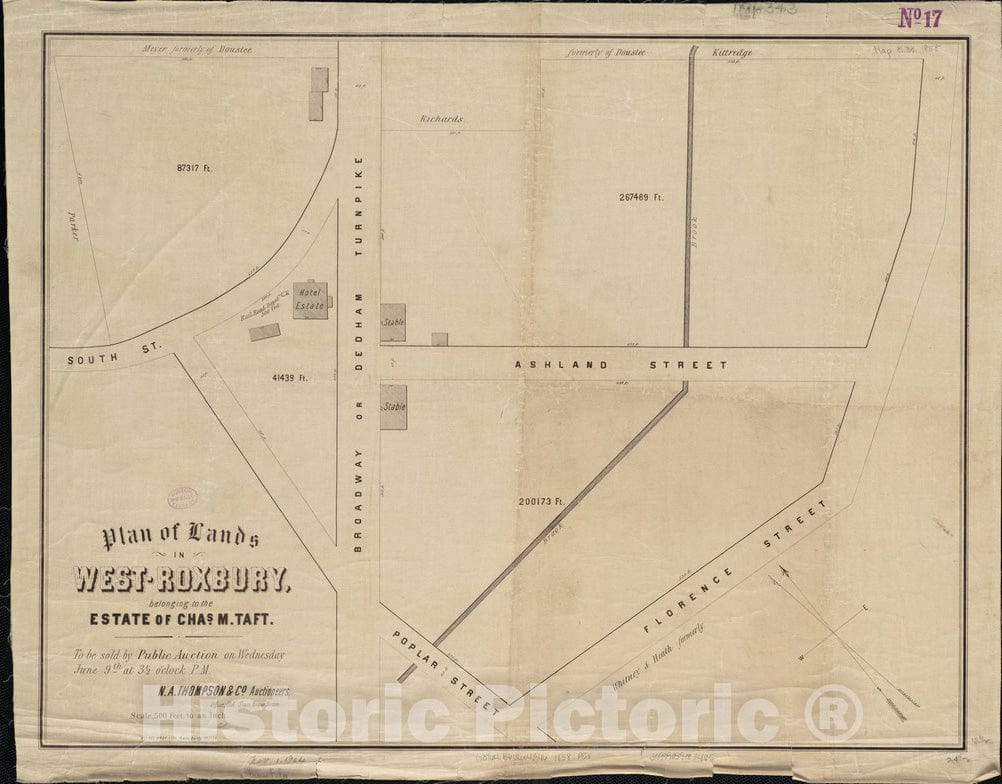 Historical Map, 1858 Plan of Lands in West-Roxbury, Belonging to The Estate of Chas. M. TAFT : to be Sold by Public Auction in Wednesday June 9th at 31/2 o'clock p.m, Vintage Wall Art