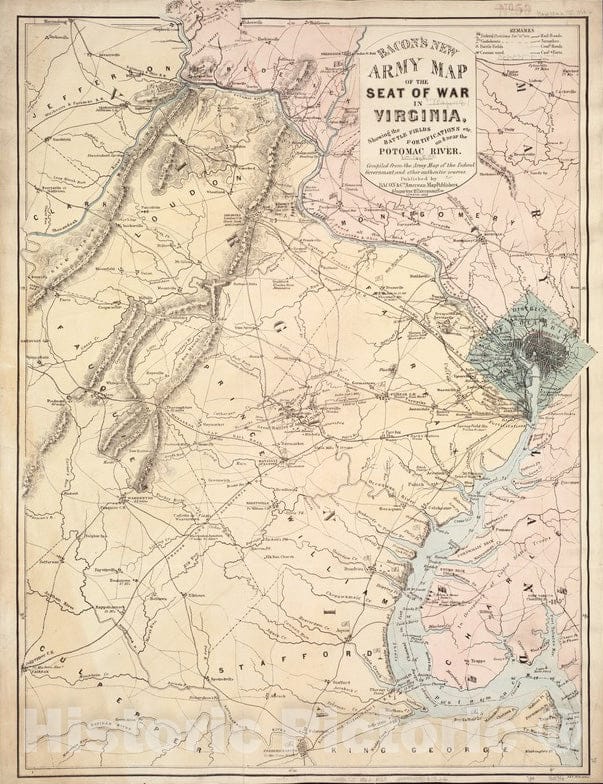 Historical Map, 1862 Bacon's New Army map of The seat of war in Virginia, Showing The Battle Fields, fortifications, etc, on & Near The Potomac River, Vintage Wall Art