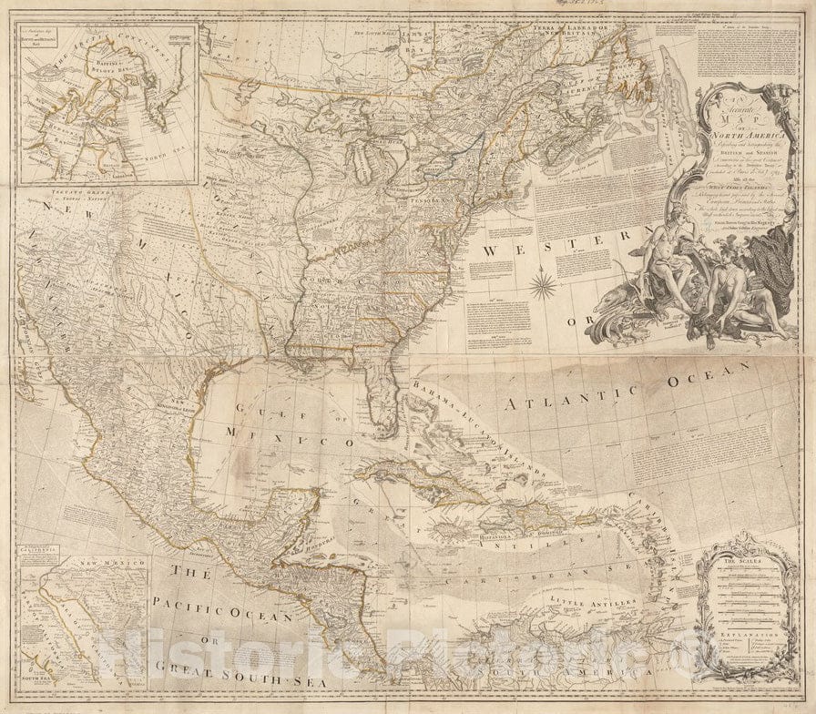 Historical Map, 1775 an Accurate map of North America : Describing and distinguishing The British and Spanish dominions of This Great Continent, Vintage Wall Art