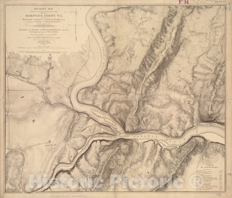 Historical Map, 1863 Military map showing the topographical features of the country adjacent to Harper's Ferry, Va : including Maryland, Loudoun, Vintage Wall Art