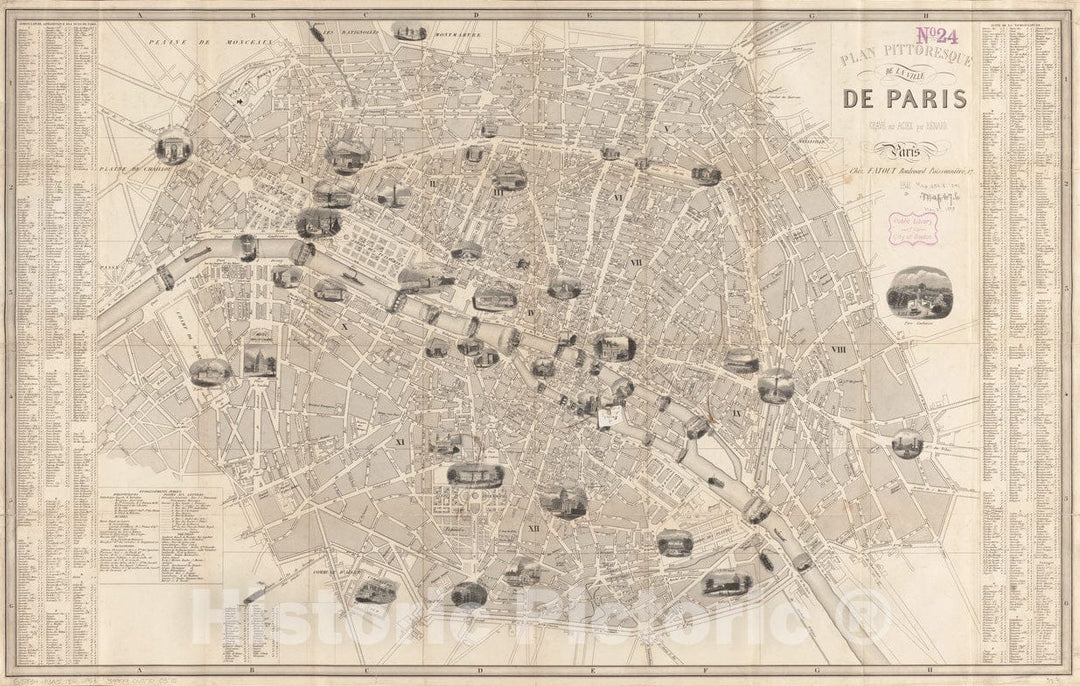 Historical Map, 1841 Plan pittoresque de la Ville de Paris, Vintage Wall Art