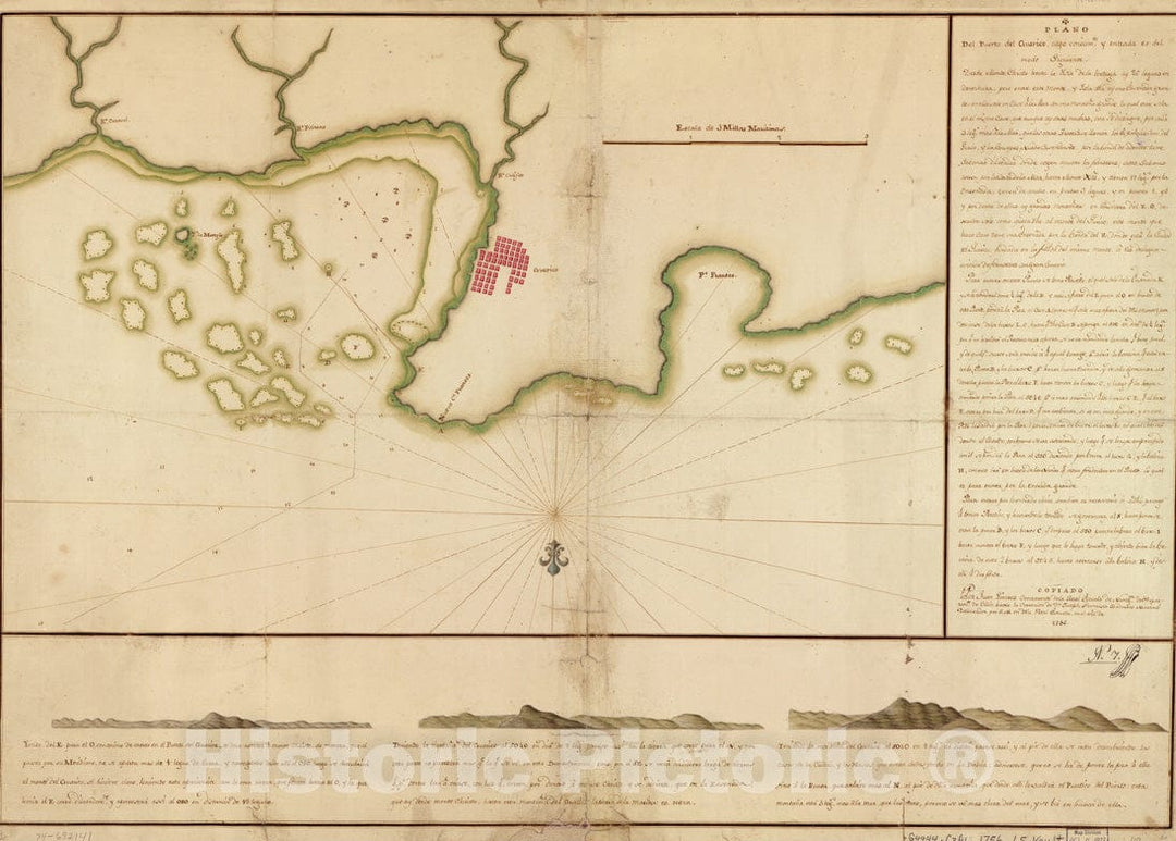 Historical Map, 1756 Plano del puerto del GuaIrico, cuyo conocimto. y entrada es del modo siguiente, Vintage Wall Art