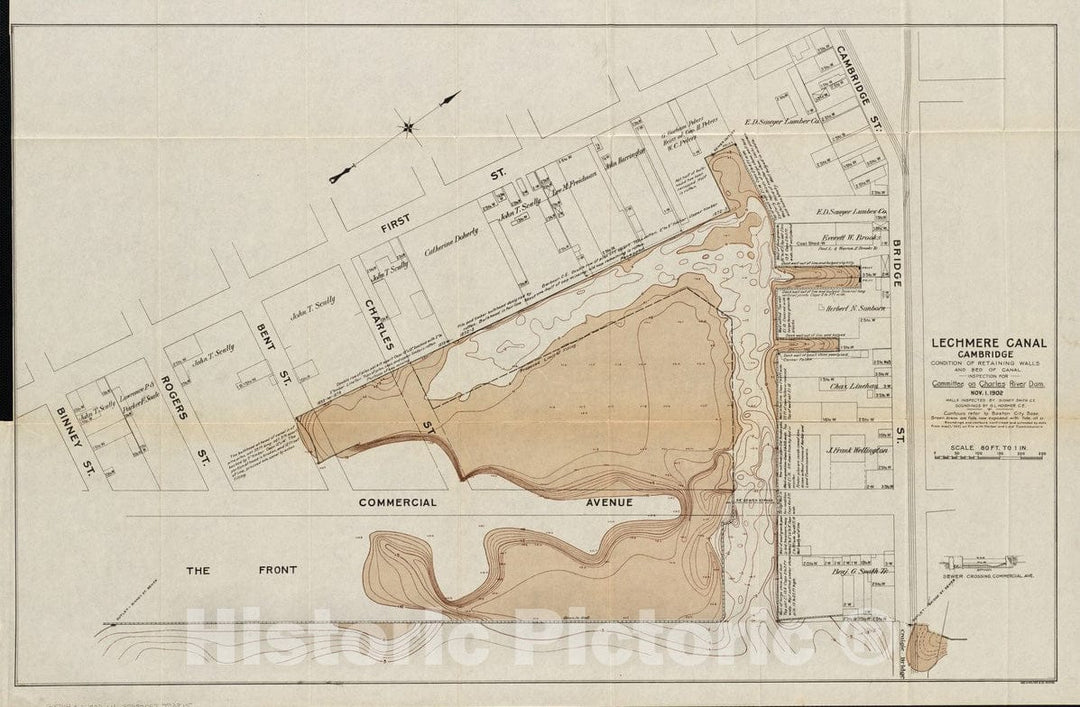 Historical Map, 1902 Lechmere Canal, Cambridge : Condition of retaining Walls and Bed of Canal, Inspection for Committee on Charles River Dam, Nov. 1, 1902, Vintage Wall Art