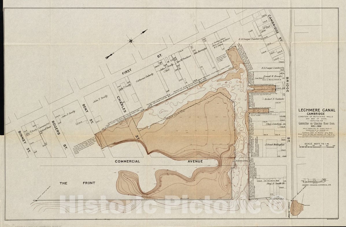 Historical Map, 1902 Lechmere Canal, Cambridge : Condition of retaining Walls and Bed of Canal, Inspection for Committee on Charles River Dam, Nov. 1, 1902, Vintage Wall Art