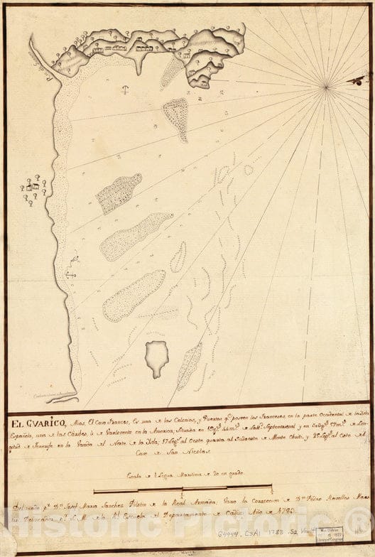 Historical Map, 1783 El Guarico, Alias, el cavo Frances, ES UNA de las colonias y puertos qe. poseen Los Franceses en la Parte Occidental de la Ysla EspanIÆ’ola, Vintage Wall Art