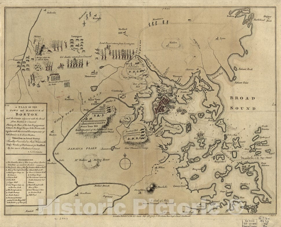 Historical Map, 1775 A Plan of The Town and Harbour of Boston : and The Country Adjacent with The Road from Boston to Concord, Vintage Wall Art