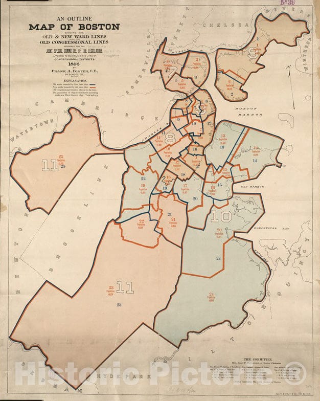 Historical Map, 1896 an Outline map of Boston Showing The Old & New Ward Lines, Also The Old congressional Lines, Vintage Wall Art