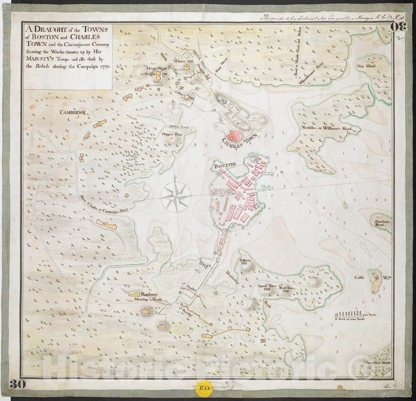 Historical Map, 1775 A Draught of The Towns of Boston and Charles Town and The Circumjacent Country shewing The Works Thrown up by His MAJESTY'S Troops, 1775, Vintage Wall Art