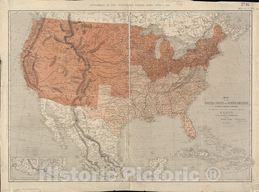 Historical Map, 1861 Map of The United States of North America, Upper & Lower Canada, New Brunswick, Nova Scotia & British Columbia, Mexico, Cuba, Jamaica, Vintage Wall Art