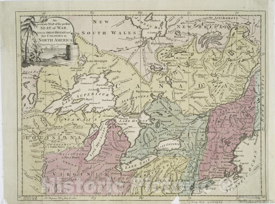 Historical Map, 1776 an Accurate map of The Present seat of war Between Great-Britain and her Colonies in North America, Vintage Wall Art