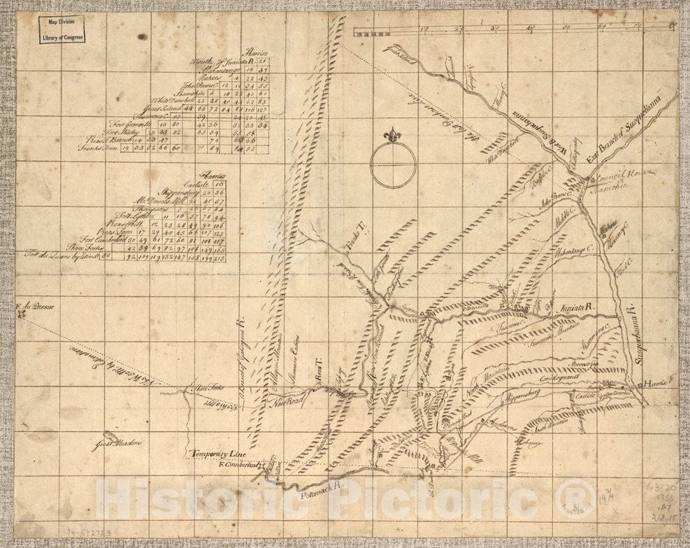 Historical Map, 1755 Mr. Armstrong's rough draft of the country to the west of Susquehanna, Vintage Wall Art