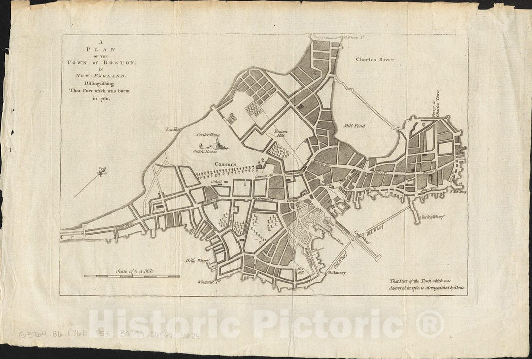 Historical Map, A Plan of the town of Boston, in New-England, distinguishing that part which was burnt in 1760, Vintage Wall Art