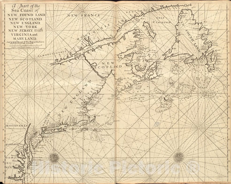 Historical Map, 1737 A Chart of The sea Coast of New Found Land, New Scotland, New England, New York, New Jersey, with Virginia and Maryland, Vintage Wall Art