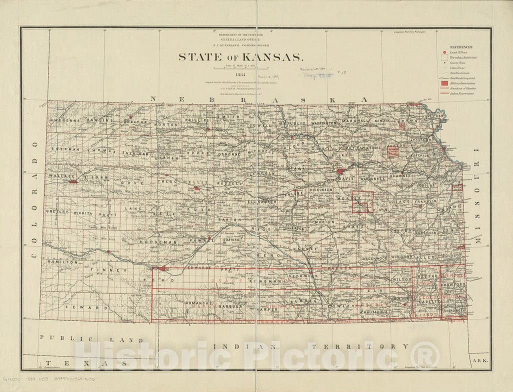 Historical Map, 1884 State of Kansas, Vintage Wall Art