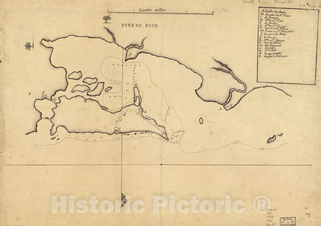 Historical Map, 1780 Puerto Rico, Vintage Wall Art