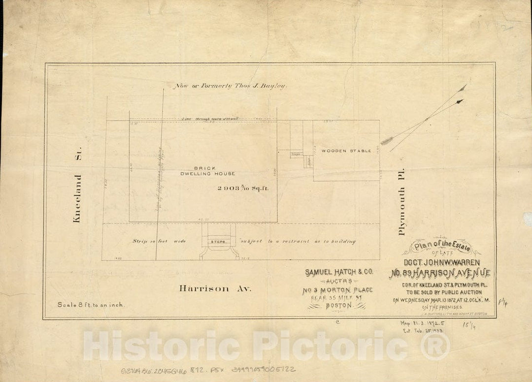 Historical Map, 1872 Plan of The Estate of Late Doct. John W. Warren, No. 89 Harrison Avenue, cor. of Kneeland St. & Plymouth Pl. to be Sold at Public Auction, 1872, Vintage Wall Art