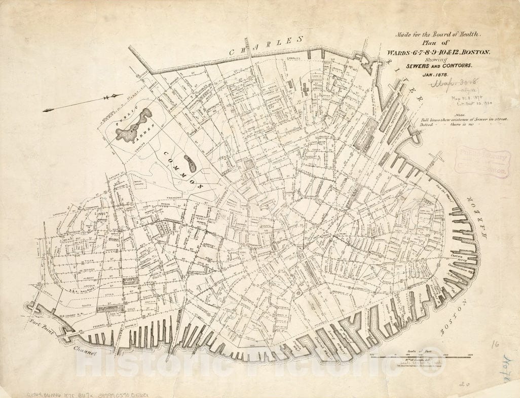 Historical Map, Plan of wards 6, 7, 8, 9, 10 and 12, Boston : showing sewers and contours : Jan, 1878, Vintage Wall Art