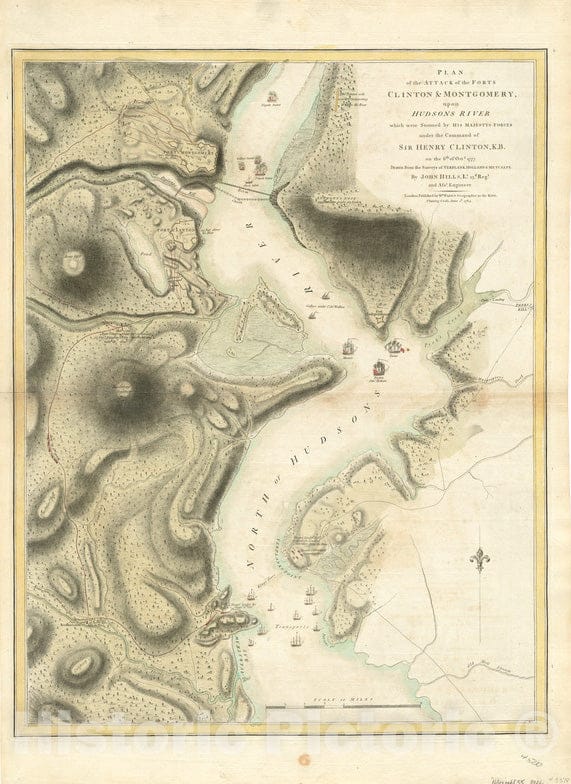 Historical Map, 1784 Plan of The Attack of The Forts Clinton & Montgomery, Upon Hudsons River which were stormed by His Majestys Forces, Vintage Wall Art