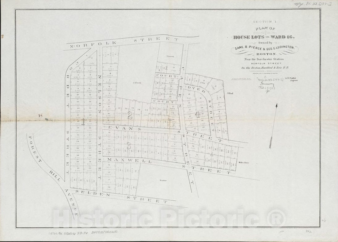 Historical Map, 1870-1880 Plan of House Lots in Ward 16 : Owned by Saml. B. Pierce & Geo. C. Ludington, Boston, Near The Dorchester Station, Norfolk Street, Vintage Wall Art