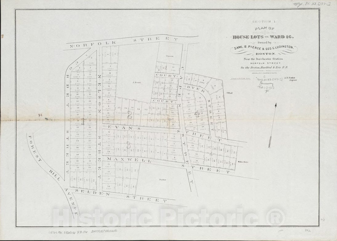 Historical Map, 1870-1880 Plan of House Lots in Ward 16 : Owned by Saml. B. Pierce & Geo. C. Ludington, Boston, Near The Dorchester Station, Norfolk Street, Vintage Wall Art