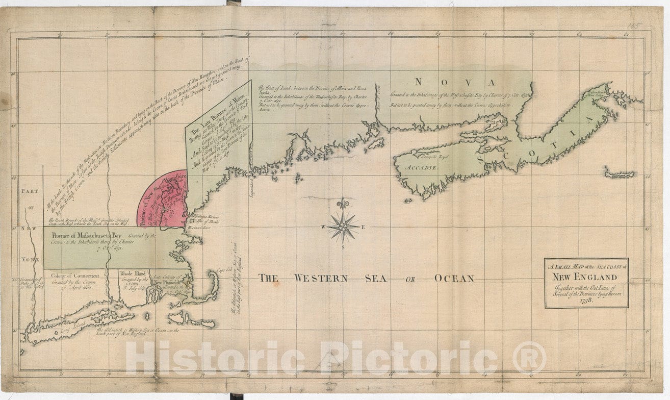 Historical Map, A Small MAP of The SEA Coast of New England Together with The Out Lines of Several of The Provinces Lying Theron. 1738, Vintage Wall Art