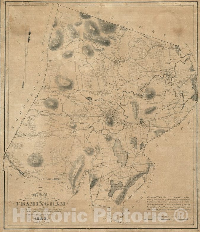 Historical Map, Map of Framingham : from Actual surveys Taken by Jonas Clayes & Warren Nixon in The Years 1830 and 1831, Vintage Wall Art