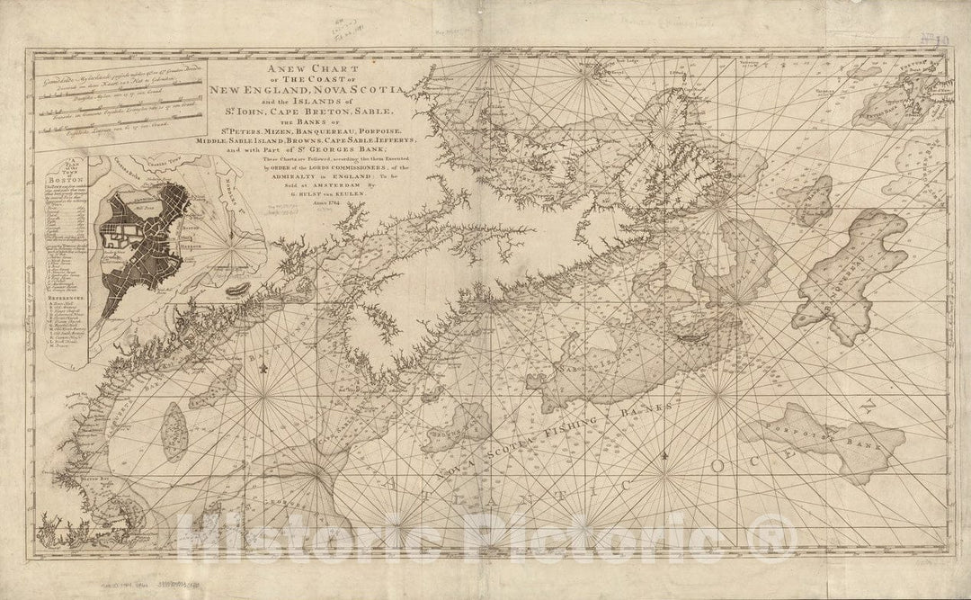 Historical Map, 1784 A New Chart of The Coast of New England, Nova Scotia, and The Islands of St. Iohn, Cape Breton, Sable, The Banks of St. Peters, Vintage Wall Art