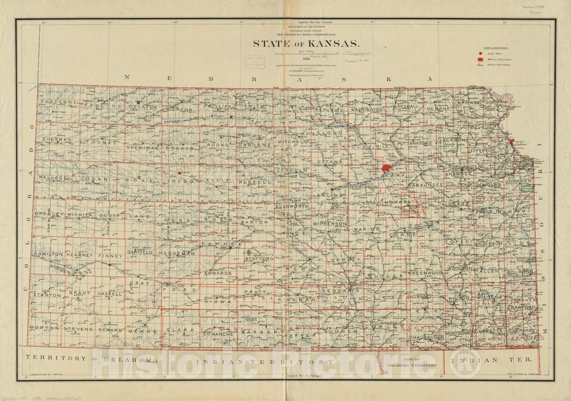 Historical Map, 1891 State of Kansas, Vintage Wall Art