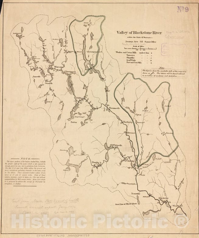 Historical Map, 1876 Valley of Blackstone River Within The State of Mass, Vintage Wall Art