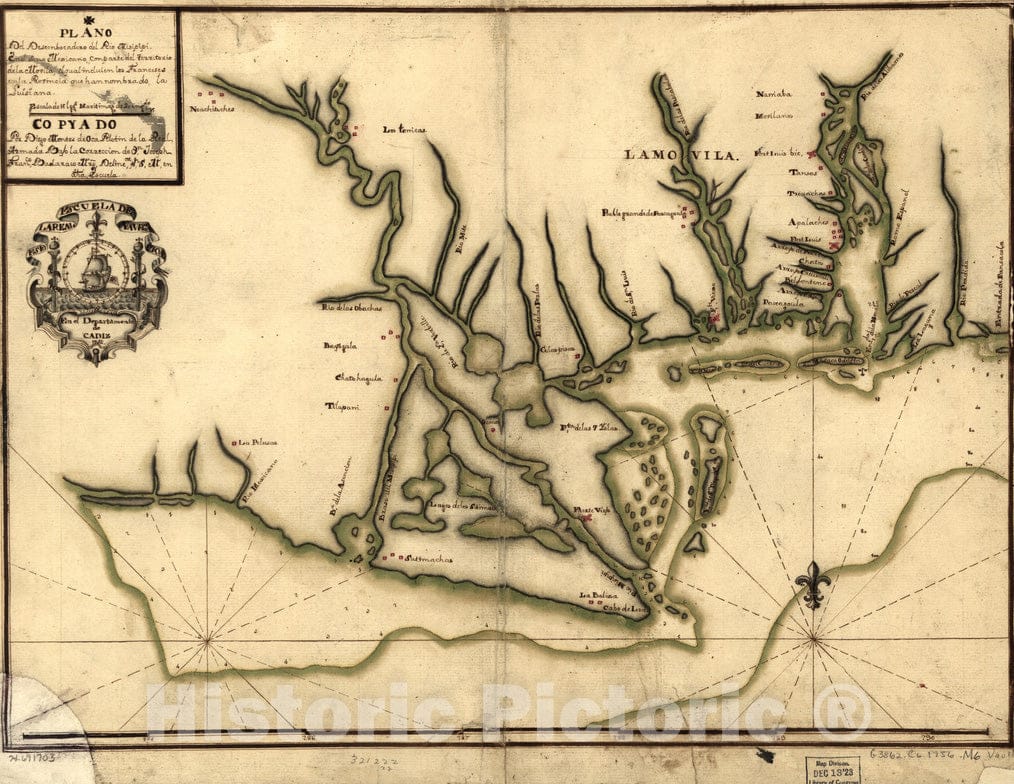 Historical Map, 1756 Plano del desembocadero del RiIo Misipipi en el seno Mexicano con Parte del territorio de la Movila, el qual incluien Los Franceses, Vintage Wall Art